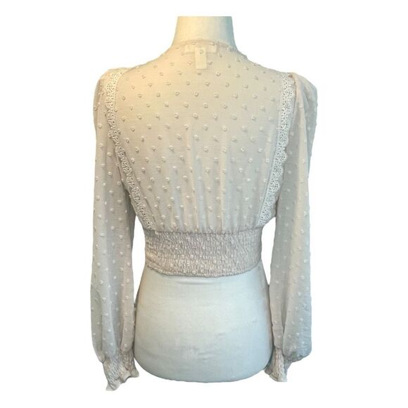 Privy Cropped Lace Blouse Cream Sheer Swiss Dots V-Neck Smocked Long Sleeve S - Picture 4 of 8